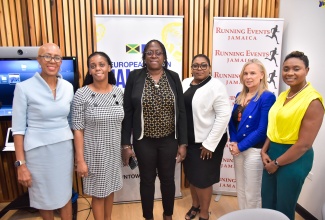 Minister of Education and Youth, Hon. Fayval Williams (left); European Union (EU) Ambassador to Jamaica, Her Excellency Marianne Van Steen (second right); and Minister of State in the Ministry of National Security, Hon. Juliet Cuthbert Flynn (right), share a photo opportunity with principals of three primary schools that will benefit from the EU-Jamaica 5K &10K Run. They are (from left) Principal of Holy Family Primary, Phillipa Williams McGregor; Principal of the St. Andrew Primary School, Colleen Gordon; and Principal of the Edward Seaga Primary School, Shernet-Clarke-Tomlinson. Occasion was the media launch of the event on Wednesday (January 31) at the offices of the EU Delegation in Kingston. 

