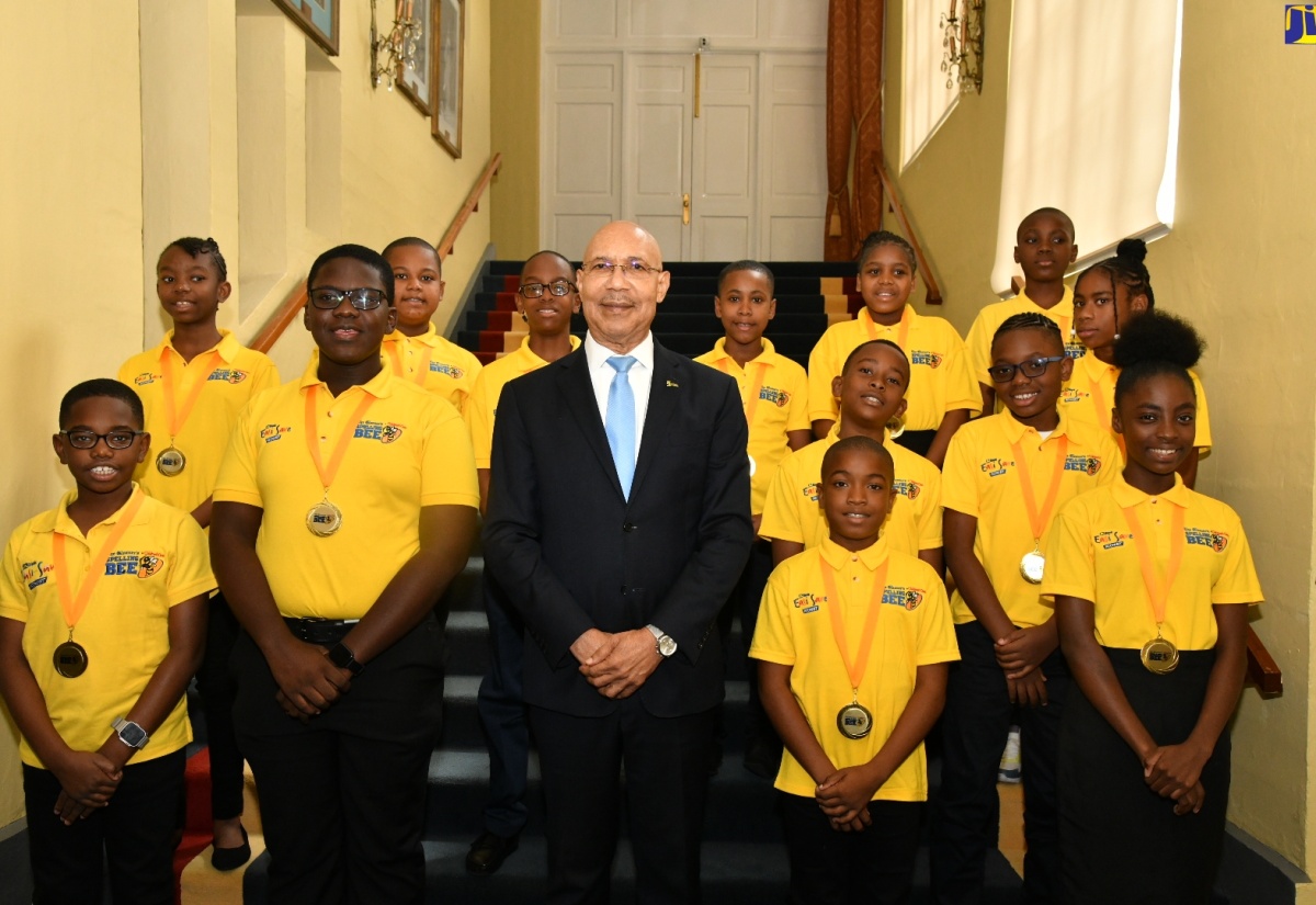 Governor-General, His Excellency the Most Hon. Sir Patrick Allen (centre), shares a photo opportunity with the 2024 finalists in The Gleaner's Children’s Own Spelling Bee, during a courtesy call at King’s House on Thursday (February 8).