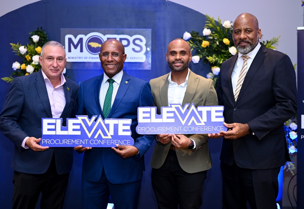 Minister of Industry, Investment and Commerce, Senator the Hon. Aubyn Hill (second left), shares a photo opportunity with participants during Thursday’s (February 15) ELEVATE Procurement Conference media launch, held at the AC Hotel by Marriott in New Kingston. Pictured (from left) are President of the Private Sector Organisation of Jamaica, Metry Seaga; Chief Procurement Policy Officer in the Ministry of Finance and the Public Service, Andrei Bennett; and Director General of the Planning Institute of Jamaica (PIOJ), Dr. Wayne Henry.