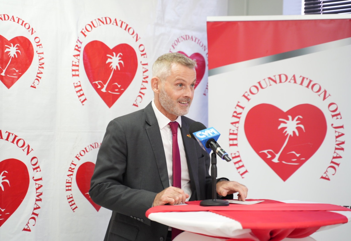 German Ambassador to Jamaica, His Excellency Jan Hendrik van Thiel, addresses a recent ceremony for the official handover of a fire alarm system at the offices of the Heart Foundation of Jamaica (HFJ) in Kingston.

