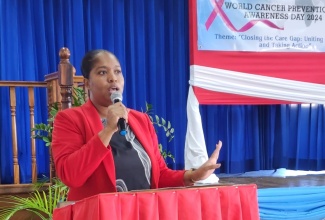 Cancer Programme Development Officer, Ministry of Health and Wellness, Dr. Gail Evering Kerr, speaking during the Manchester Health Department’s World Cancer Prevention and Awareness Day event on Thursday (February 15) at the Mandeville Parish Church Hall.