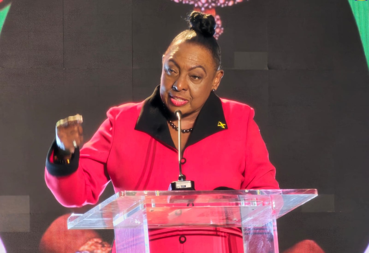 Minister of Culture, Gender, Entertainment and Sport, Hon. Olivia Grange, addresses the Jamaica Creative Career Expo held at the Jamaica Conference Centre, downtown Kingston on Wednesday, February 21.
