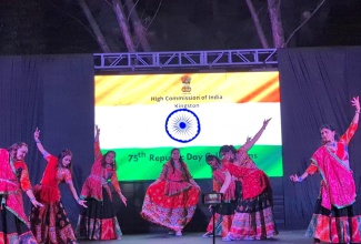 Indian dancers perform the Garba (A traditional Indian dance) at the 75th India Republic Day Celebrations on Sunday (Jan. 28) at India House, 2 East King’s House Road, Kingston

