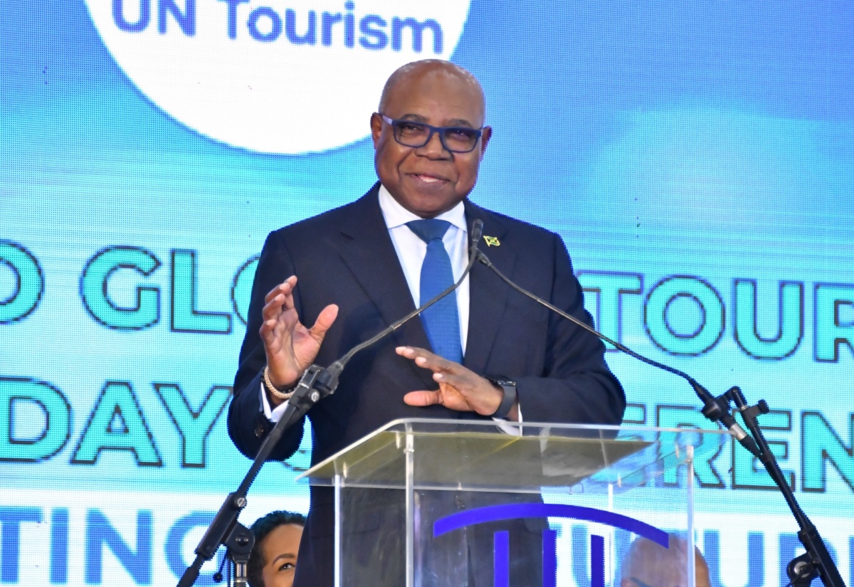 Minister of Tourism, Hon. Edmund Bartlett, addresses the opening of the Ministry’s second Global Tourism Resilience Day Conference, at the Montego Bay Convention Centre in St. James on Friday (February 16).