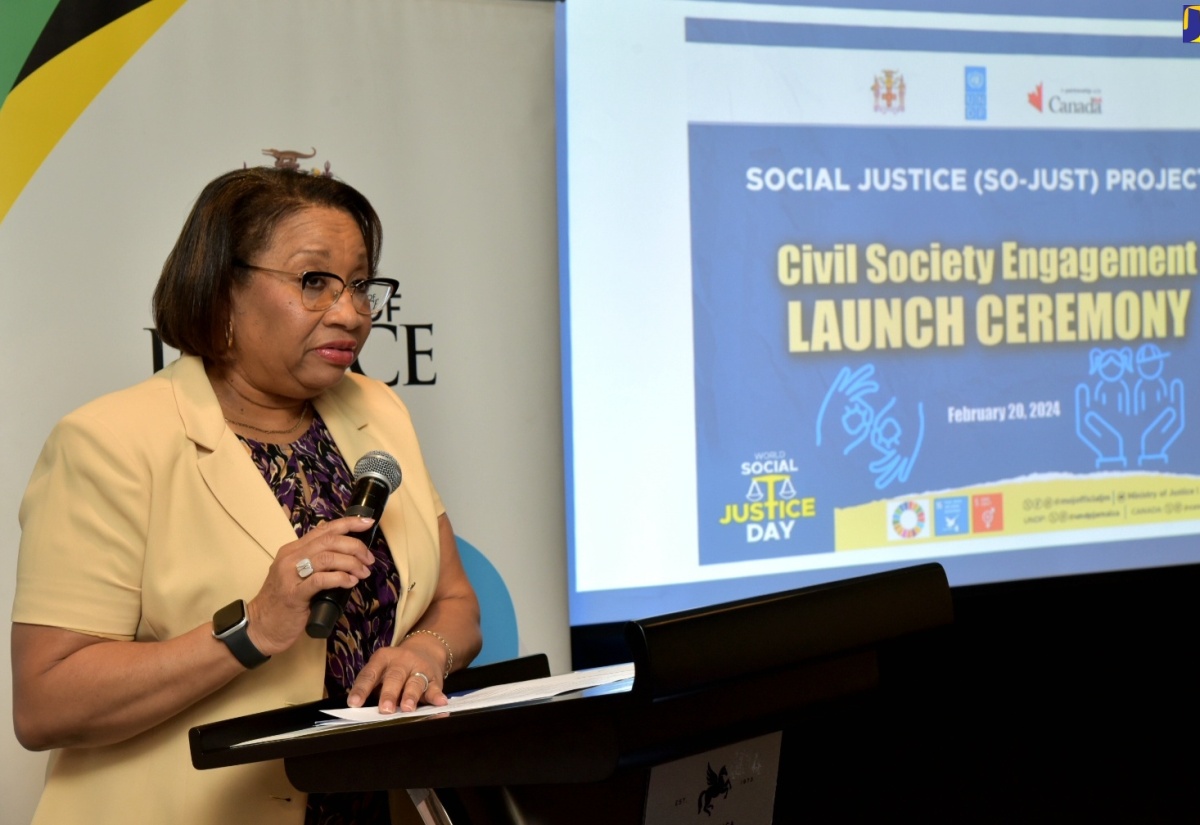 Permanent Secretary in the Ministry of Justice, Grace-Ann Stewart McFarlane, speaking during a Social Justice (SO-JUST) project event at The Jamaica Pegasus hotel in New Kingston on Tuesday (February 20).

