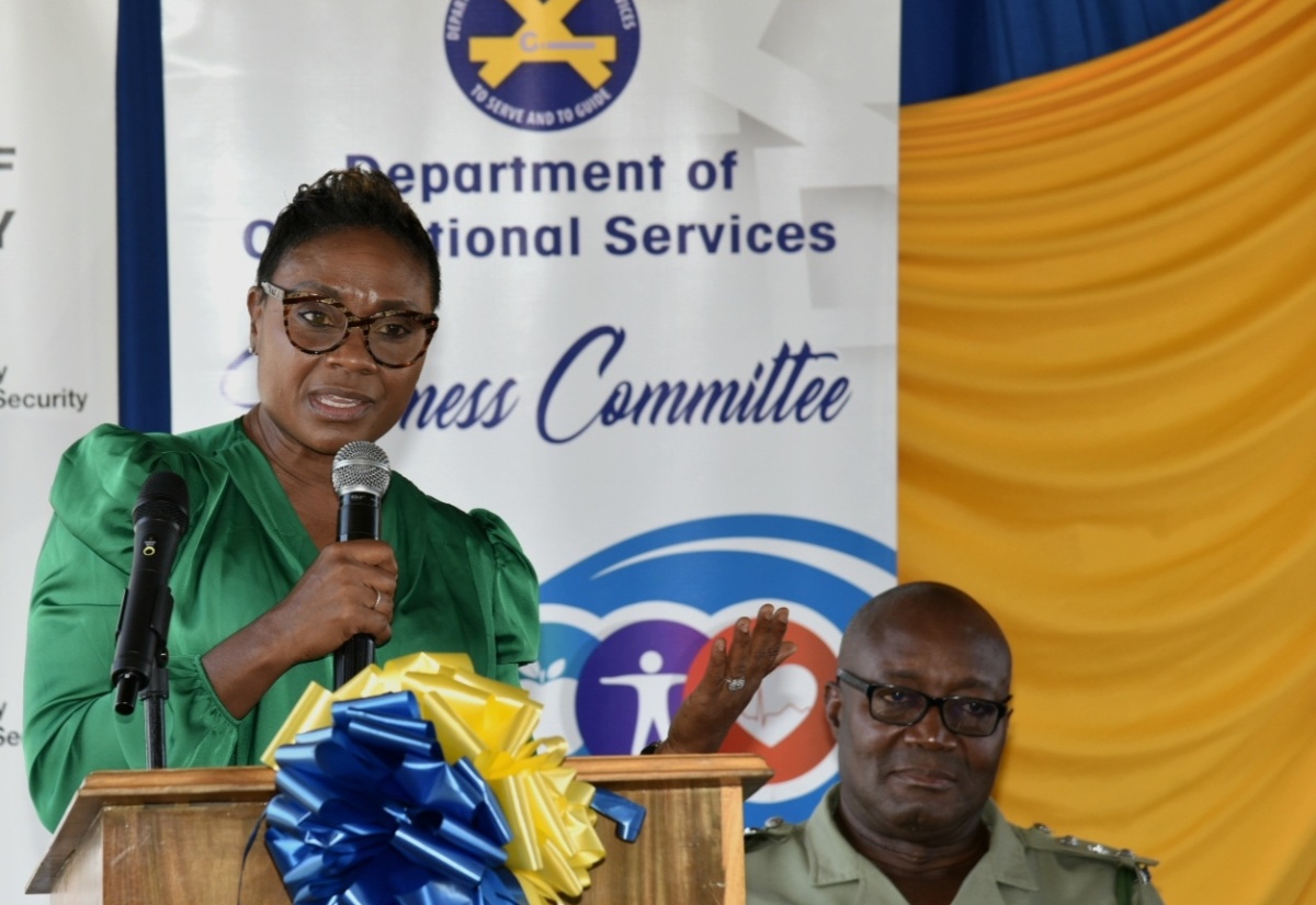Minister of State, Ministry of National Security, Hon. Juliet Cuthbert-Flynn, addresses the launch of the Department of Correctional Services (DCS) Wellness Committee Health Fair at the St. Catherine Sports Club on February 6.

