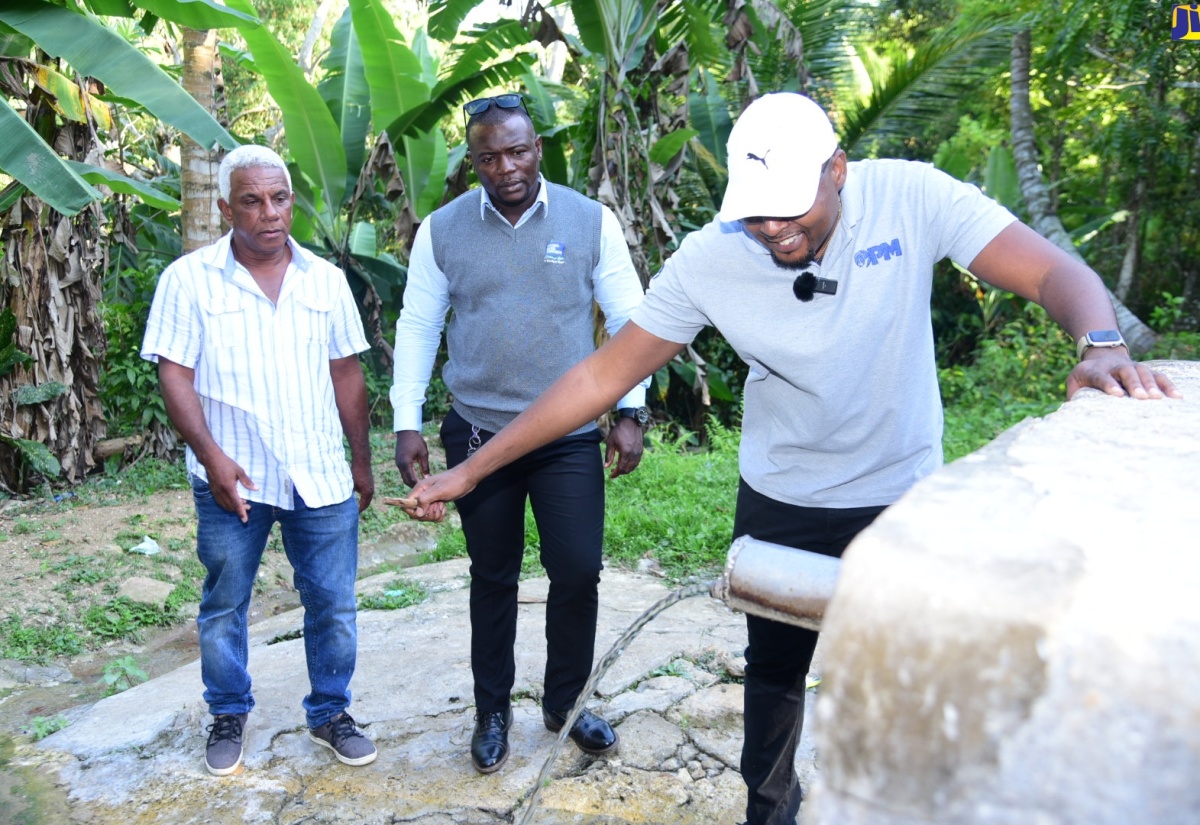 Minister without Portfolio in the Office of the Prime Minister with responsibility for Information and Member of Parliament for Clarendon North Central, Hon. Robert Morgan (right), checks on water supply in the constituency during a tour on March 27. Also on the tour (from left) are the National Water Commission’s Andrew Brown and Domaine Wilson.

