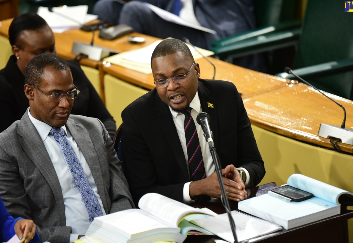 Minister without Portfolio with responsibility for Information in the Office of the Prime Minister, Hon. Robert Morgan (right), responding to questions from members of the Standing Finance Committee of the House, which is reviewing the 2024/25 Estimates of Expenditure, on March 5. At left is Minister of Finance and the Public Service, Dr. the Hon. Nigel Clarke.

