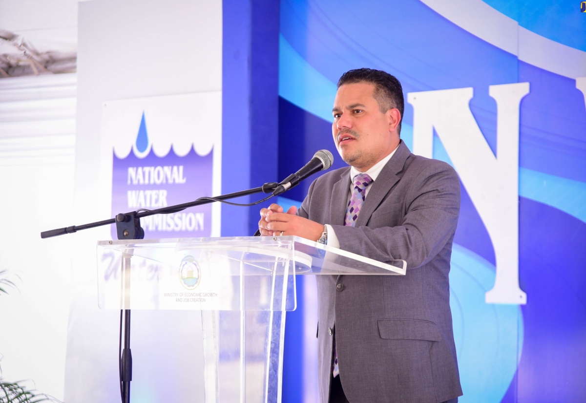 Minister Without Portfolio in the Ministry of Economic Growth and Job Creation, Senator the Hon. Matthew Samuda, delivers remarks during the recent ground-breaking ceremony for the Rio Cobre Water Treatment Plant Project in Content, St. Catherine.