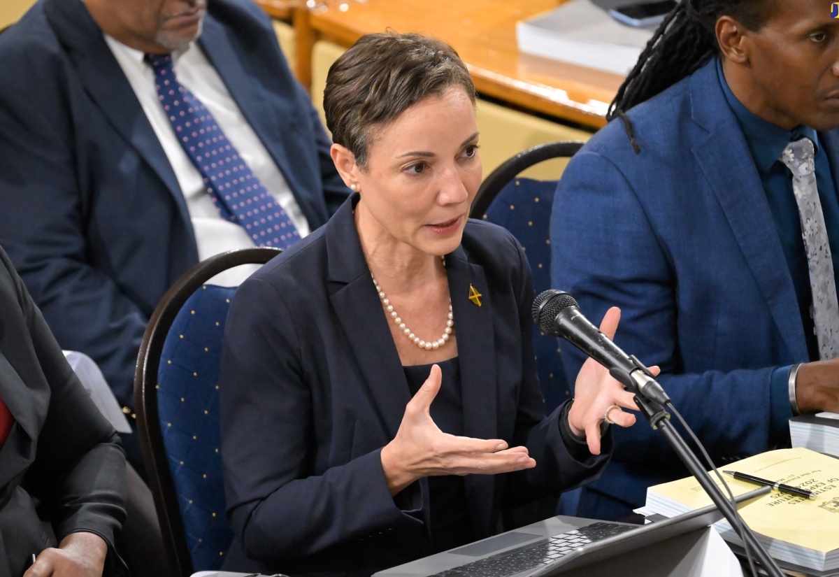 Minister of Foreign Affairs and Foreign Trade, Senator the Hon. Kamina Johnson Smith, speaks during the Standing Finance Committee of the House of Representatives meeting at Gordon House on Wednesday (March 6). At right is State Minister, Hon. Alando Terrelonge.

