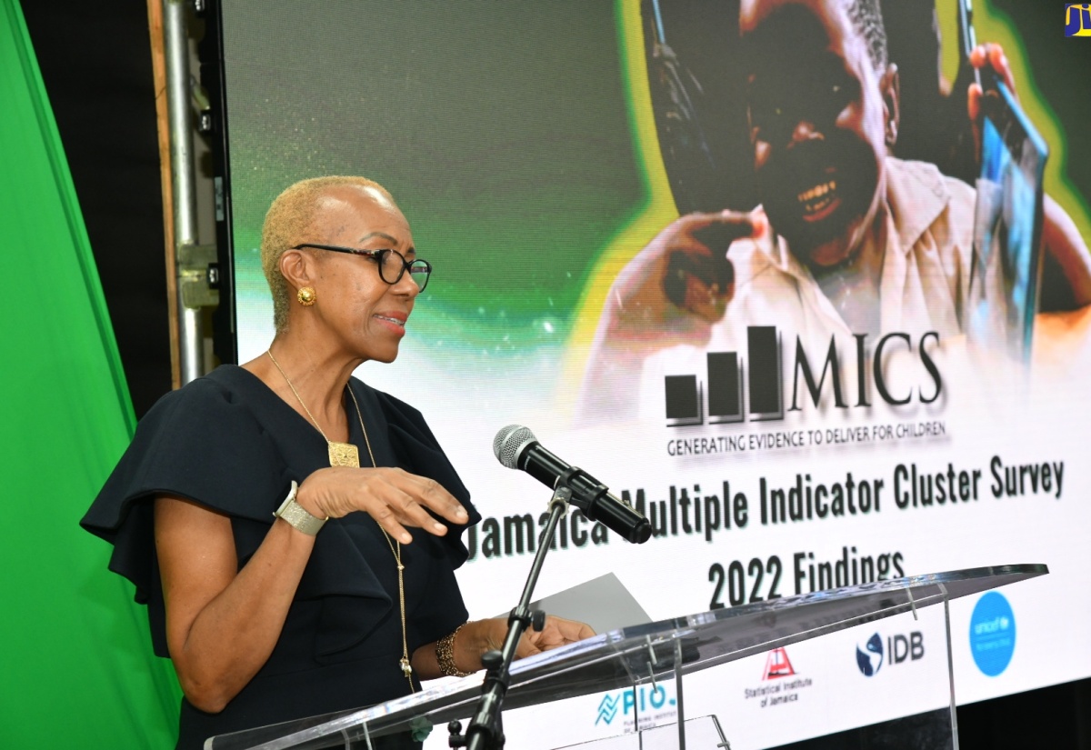 Minister of Education and Youth, Hon. Fayval Williams, delivers remarks during Friday’s (March 15) Jamaica Multiple Indicator Cluster Survey (MICS) 2022 launch at the University of the West Indies Regional Headquarters in St. Andrew. 

