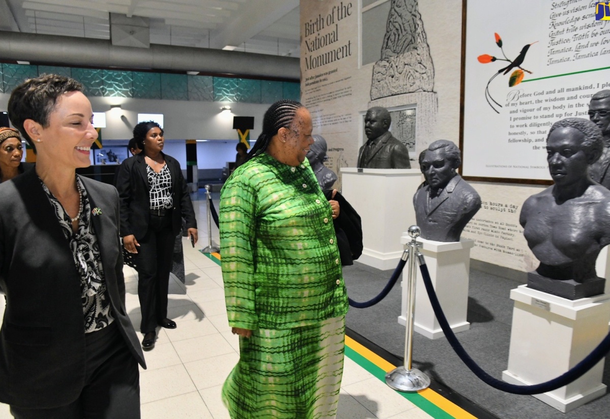Minister of Foreign Affairs and Foreign Trade, Senator the Hon. Kamina Johnson Smith (left), accompanies South Africa’s Minister of International Relations and Cooperation, Her Excellency Dr. Naledi Pandor, as she looks at busts of Jamaica’s National Heroes, at the Norman Manley International Airport (NMIA) in Kingston, shortly after her arrival in the island on Wednesday night (March 20). The official visit is in commemoration of 30 years of diplomatic relations between the countries this year. While in Jamaica, Dr. Pandor will have the opportunity to call on Prime Minister, the Most Hon. Andrew Holness, and will co-chair with Minister Johnson Smith a hybrid CARICOM-South Africa Ministerial Meeting. The two Ministers will also engage in bilateral discussions spanning critical areas and a review of new areas for cooperation in education, healthcare innovation, technological advancement and agricultural development for both Jamaica and South Africa.

