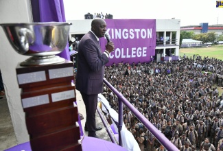 Principal, Kingston College (KC), Dave Myrie, addresses students at the institution located at North Street on Monday (March 25), as they celebrate the school’s victory in the just concluded ISSA/GraceKennedy Boys and Girls’ Athletics Championships.  KC secured their 35th title, the fourth in the last five years, with 335 points.

