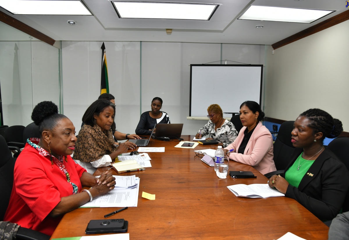 Minister of Culture, Gender, Entertainment and Sport, Hon. Olivia Grange (left), speaks with Ambassador of the Republic of Suriname to Jamaica, Wendy Manushka Paulus-Aminta (right), while members of the Jamaican and Surinamese delegations listen. Occasion was a courtesy call on the Minister at her offices in Kingston on Wednesday (March 13).

