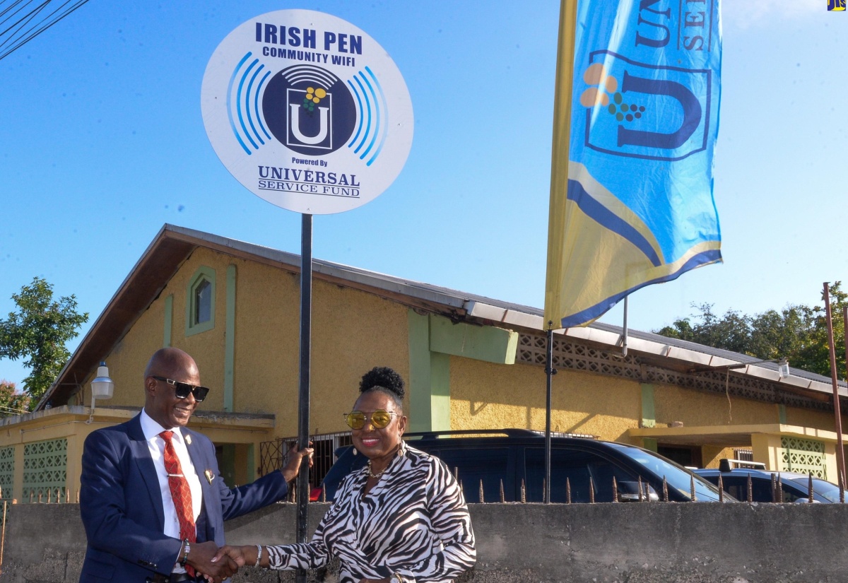 Minister of Culture, Gender, Entertainment and Sport, Hon. Olivia Grange, shakes hands with Chief Executive Officer, Universal Service Fund (USF), Daniel Dawes, following the official unveiling of the Irish Pen Community Wi-Fi in St. Catherine on March 22.


