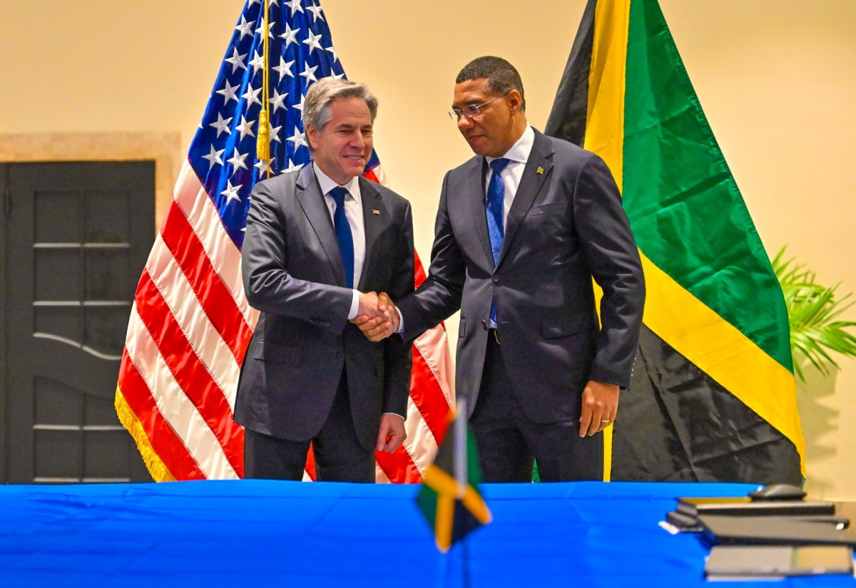 Prime Minister, the Most Hon. Andrew Holness (right), greets United States Secretary of State, Antony Blinken, before the start of a Bilateral meeting at The Jamaica Pegasus Hotel in New Kingston on Monday (March 11).

