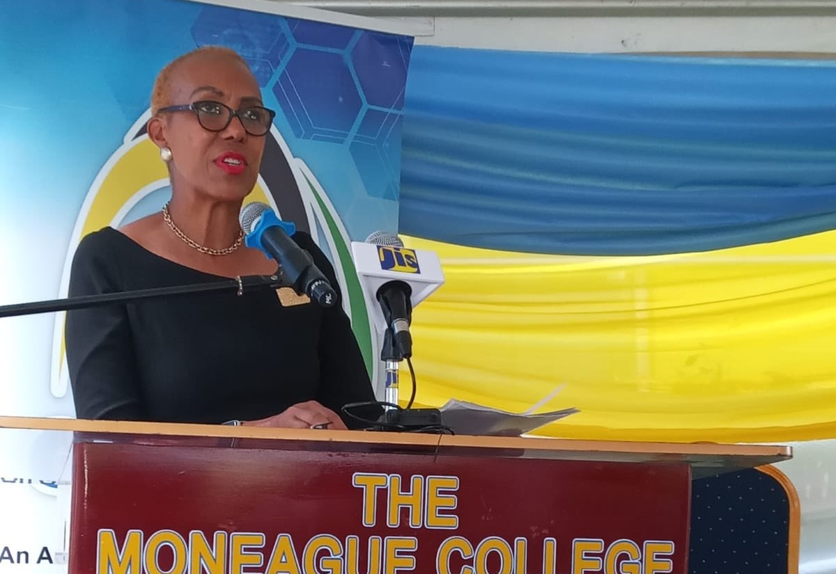 Minister of Education and Youth, Hon. Fayval Williams, addresses students, teachers and other stakeholders at the opening of the technology lab at the Moneague College, St. Ann, on March 22. There was also a handover ceremony for state-of-the-art laptops and a multiscreen.

