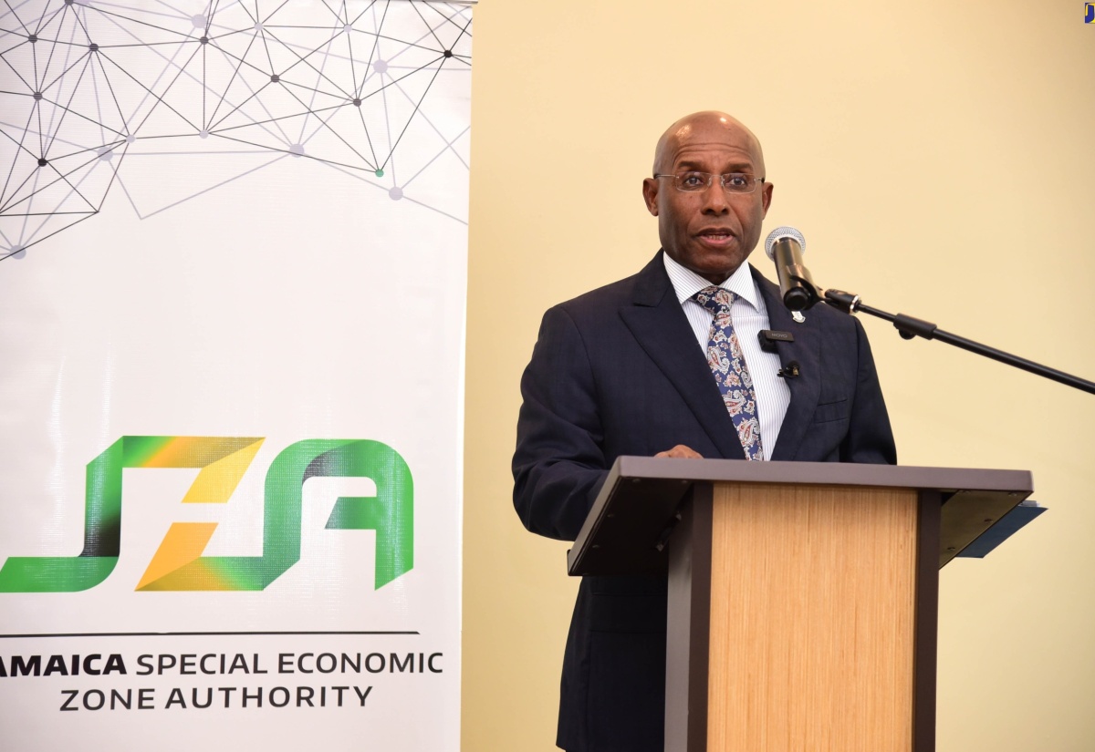 Minister of Industry, Investment and Commerce,  Senator the Hon. Aubyn Hill delivers his remarks during the Jamaica Special Economic Zone Authority (JSEZA) workshop on Wednesday (March 13), at the Courtyard by Marriott in Kingston. The three-part workshop series, titled ‘SEZ Unplugged’, targeted professionals, including attorneys-at-law, realtors, commissioned land surveyors, and financial professionals, and was designed to equip them with knowledge on investment opportunities within Jamaica's Special Economic Zones (SEZs).

