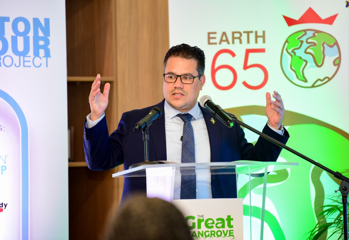Minister without Portfolio in the Ministry of Economic Growth and Job Creation, Senator the Hon. Matthew Samuda, delivers the keynote address during Monday’s (April 22) media launch of The Great Mangrove Cleanup, held at GraceKennedy Limited on Harbour Street in Kingston.

