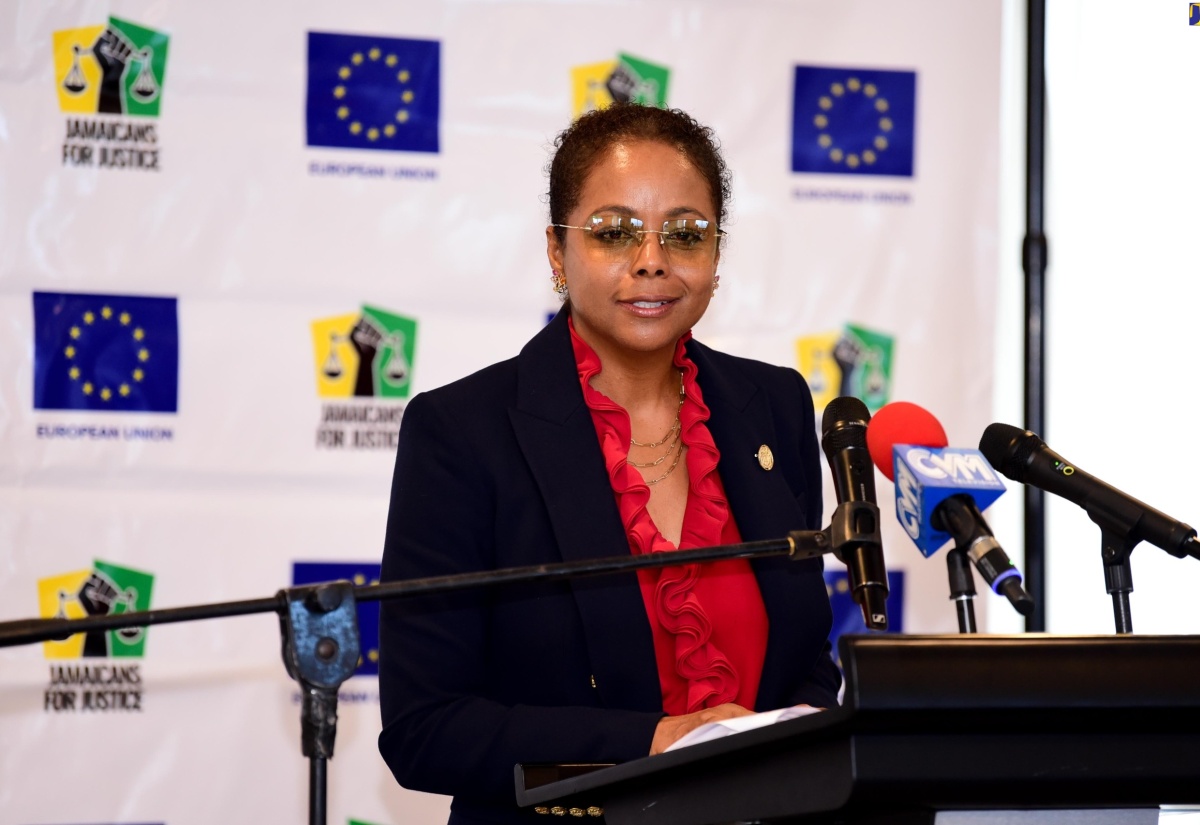 Minister of Legal and Constitutional Affairs, Hon. Marlene Malahoo Forte, delivers the keynote address at Monday’s (April 29) Jamaicans for Justice (JFJ) – European Union (EU) Project Launch for the Promotion and Protection of Human Rights in Jamaica, held at The Jamaica Pegasus hotel in New Kingston.

