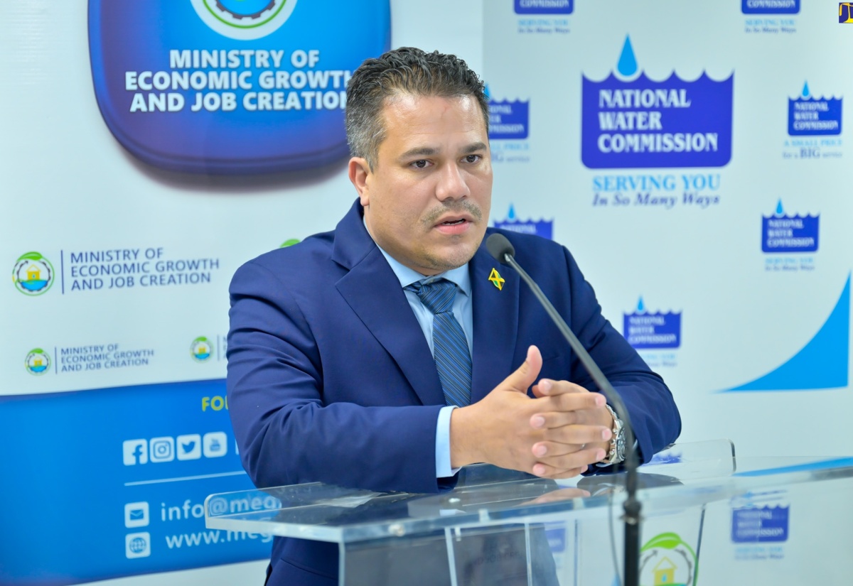 Minister without Portfolio in the Ministry of Economic Growth and Job Creation, Senator the Hon. Matthew Samuda, addressing a press conference at the Ministry’s New Kingston offices on April 22.

