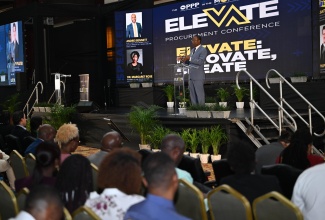 Minister of Finance and the Public Service, Dr. the Hon. Nigel Clarke, addresses Tuesday’s (April 23) opening of the Elevate Procurement Conference at the Montego Bay Convention Centre in Rose Hall, St. James.