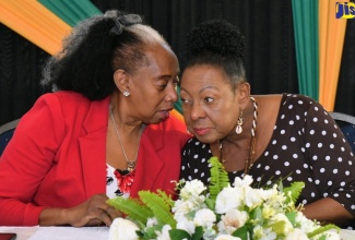 Minister of Culture, Gender, Entertainment and Sport, Hon. Olivia Grange (right), converses with Chair, National Council on Reparation, Laleta Davis-Mattis, during a welcome reception for church leaders visiting from the United Kingdom. The event was held at the Ministry office on Trafalgar Road in Kingston on Wednesday (April 10).