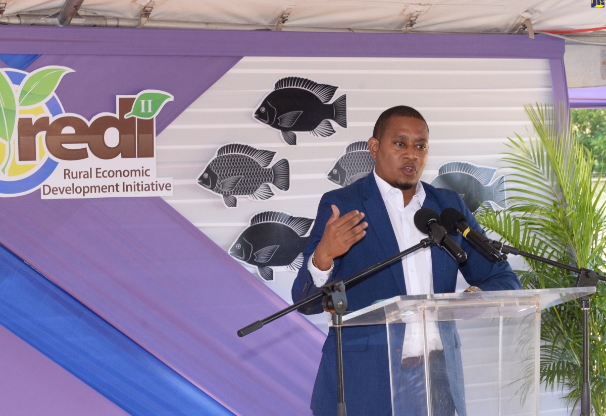 Minister of Agriculture, Fisheries and Mining, Hon. Floyd Green, addresses the recent ground-breaking ceremony for the $574-million fish hatchery in Twickenham Park, St. Catherine.

