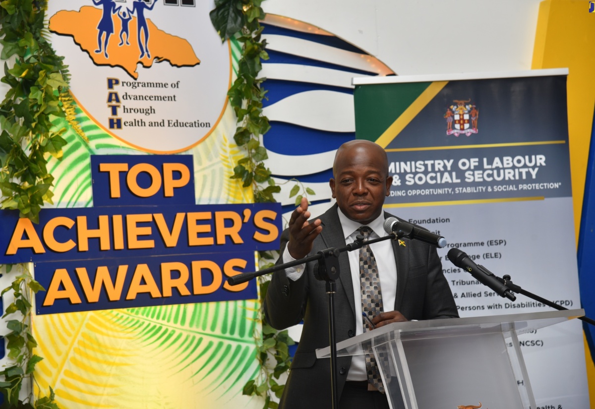 Minister of Labour and Social Security, Hon. Pearnel Charles Jr., delivers the keynote address at the Programme of Advancement through Health and Education (PATH) Top Achievers Awards Ceremony, held at the Spanish Court Hotel in New Kingston, on Thursday (April 11). 