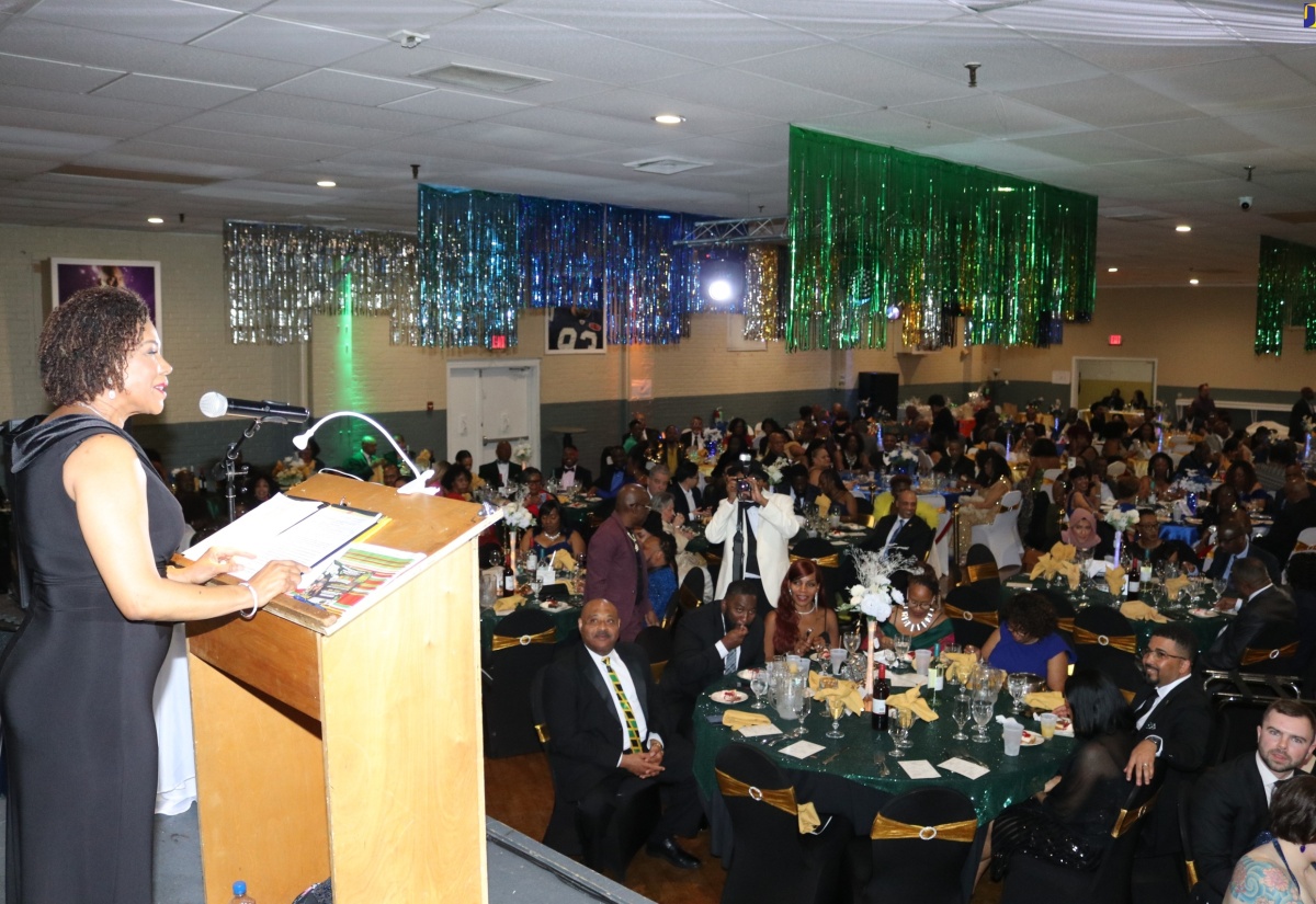Jamaica’s Ambassador to the United States, Her Excellency Audrey Marks, addresses the over 400 guests attending the West Indies Social Club (WISC) 74th anniversary gala in Hartford, Connecticut, on April 20. The event was held at the Club’s complex on Main Street in Hartford.

