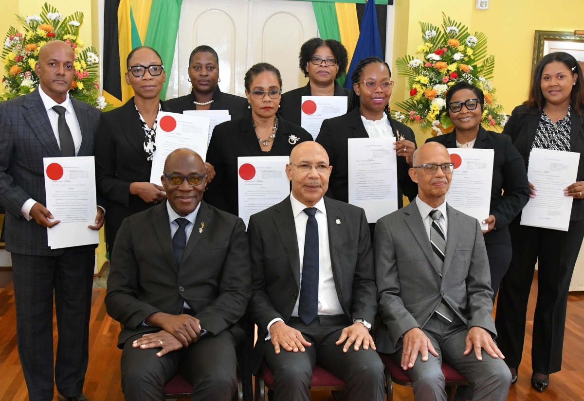 Governor-General, His Excellency the Most Hon. Sir Patrick Allen (seated centre); Chief Justice, Hon. Bryan Sykes (seated left); and President of the Court of Appeal, Hon. Justice Patrick Brooks (seated right), with members of the judiciary who were appointed to act in higher offices for the Easter Term, at today’s (April 3) swearing-in ceremony, held at King’s House.