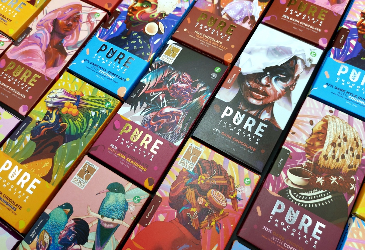 A variety of chocolate bars that are produced by Pure Chocolate Jamaica and designed by local artists.

