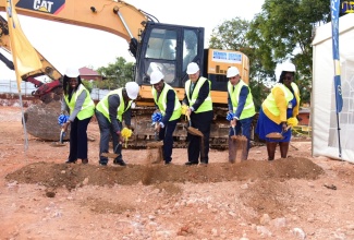 Ground was broken for a new Christiana tax office in Manchester, on February 23. Taking part (from left) are Regional General Manager, Tax Administration Jamaica (TAJ), Althea Scott-Jones; Commissioner General, TAJ, Ainsley Powell; Minister of Finance and the Public Service, Dr. the Hon. Nigel Clarke; Member of Parliament, Manchester North East, Hon. Audley Shaw;  Chairman, TAJ Board, Paul Lalor, and Senior Manager, Christiana Tax Office, Claudette Gayle Foster.