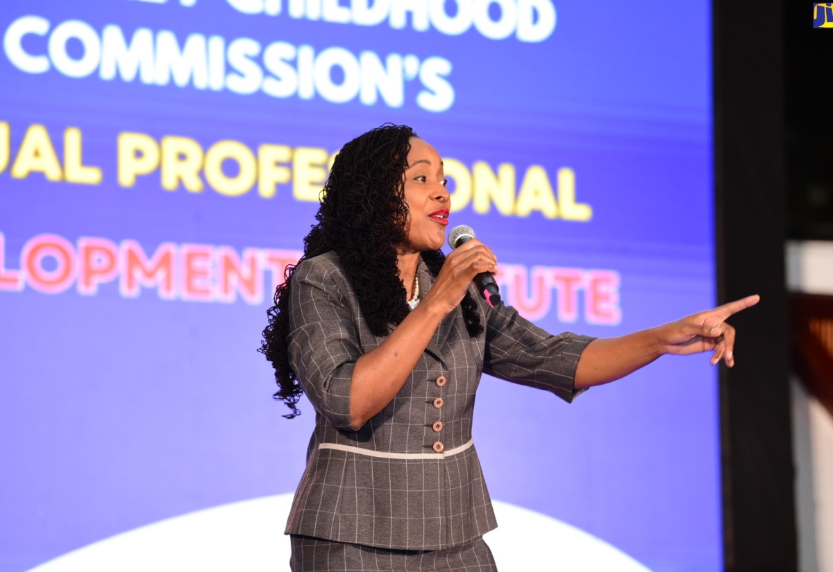 Minister of State in the Ministry of Education and Youth, Hon. Marsha Smith, emphasises a point during the opening ceremony of the Early Childhood Commission’s fifth annual Professional Development Institute on Monday (May 20) at the Jamaica Conference Centre in Kingston. 

