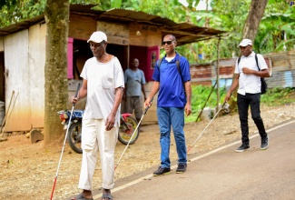 Visually impaired resident of Mt. Providence Square in Clarendon, Denvill Dinnal (left), leads members of the May Pen chapter of the Jamaica Society for the Blind on a walk in his community, shortly after receiving his new cane from Minister without Portfolio in the Ministry of Economic Growth and Job Creation with responsibility for Works, and Member of Parliament for Clarendon North Central, Hon. Robert Morgan on Labour Day (May 23). The members are (from second left) Denzel Thompson; and Ovestra King. 
