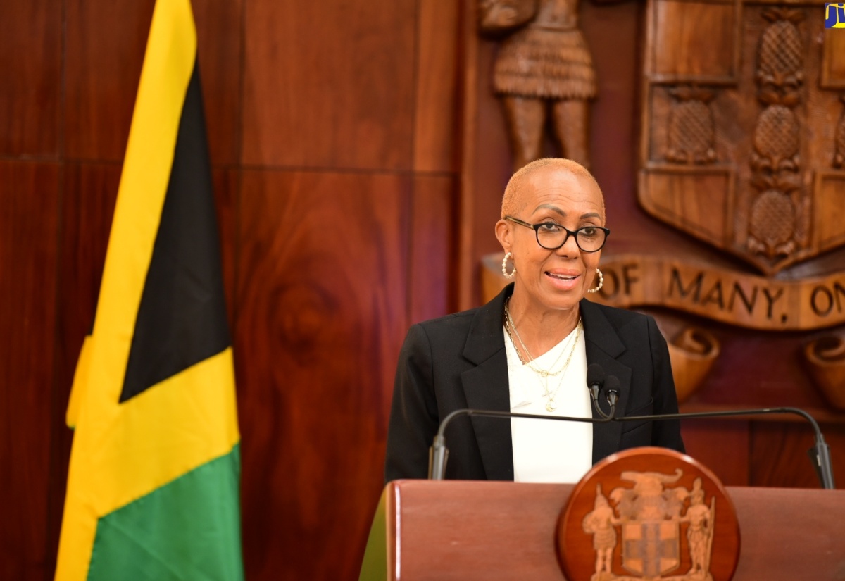 Minister of Education and Youth, Hon. Fayval Williams, addresses Wednesday’s (May 29) post-Cabinet press briefing, held at Jamaica House. 