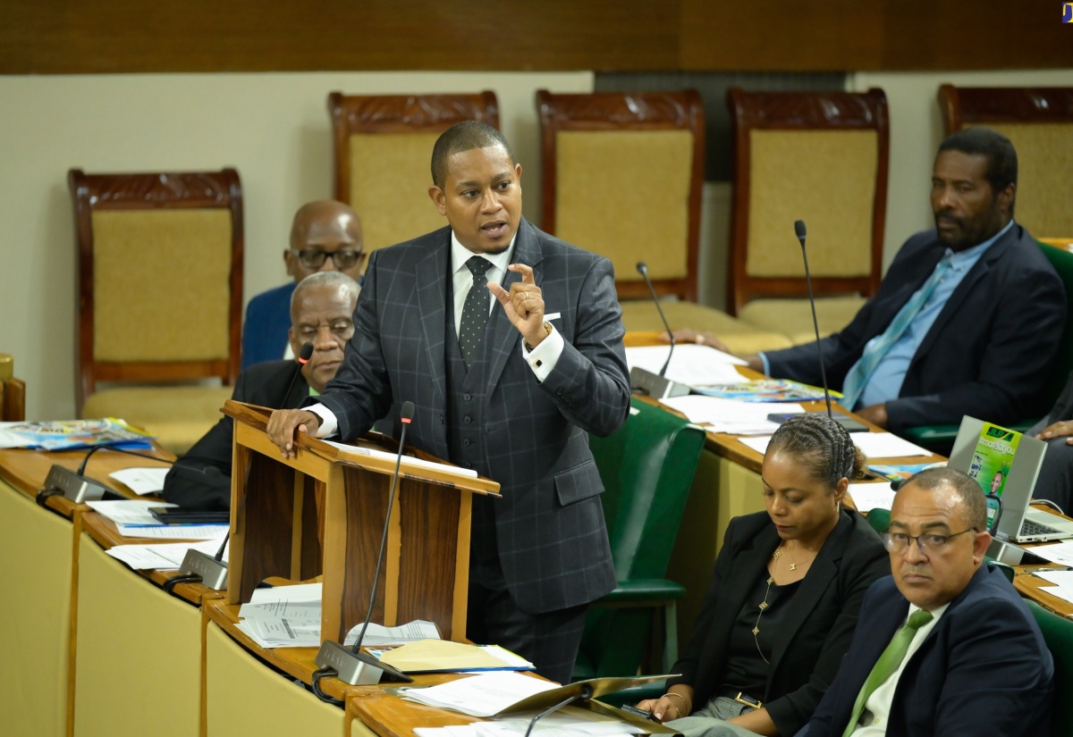 Minister of Agriculture, Fisheries and Mining, Hon. Floyd Green, emphasises a point while making his contribution to the 2024/25 Sectoral Debate in the House of Representatives on May 21. Seated to his right is the Minister of State in the Ministry, Hon. Franklin Witter.

