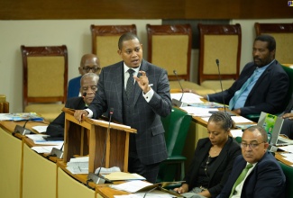 Minister of Agriculture, Fisheries and Mining, Hon. Floyd Green, emphasises a point while making his contribution to the 2024/25 Sectoral Debate in the House of Representatives on May 21. Seated to his right is the Minister of State in the Ministry, Hon. Franklin Witter.

