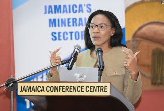 Jamaica Bauxite Mining Limited Managing Director, Donna Howe, addresses Tuesday’s (May 7) Minerals Sector Investment Forum held at the Jamaica Conference Centre in Kingston.

