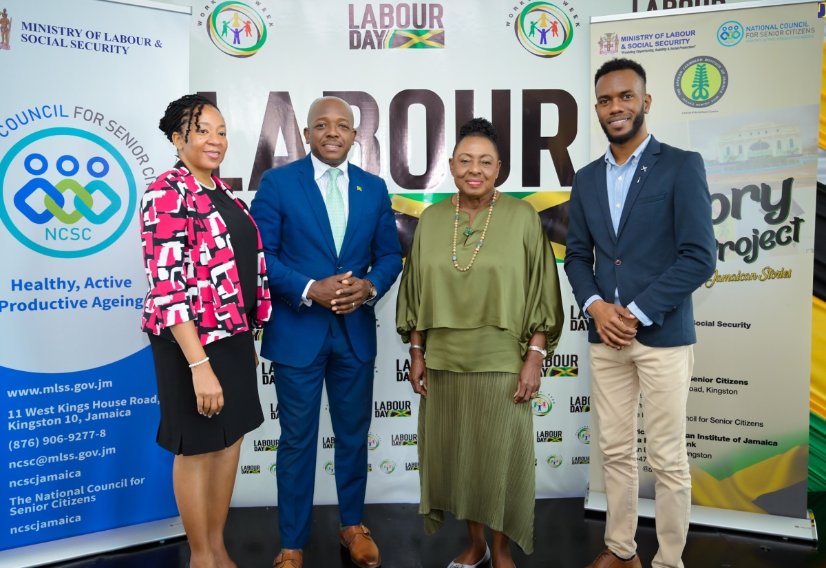 Minister of Culture, Gender, Entertainment and Sport, Hon. Olivia Grange (second right), and Minister of Labour and Social Security, Hon. Pearnel Charles Jr. (second left), are joined by Board Chair, National Council for Senior Citizens (NCSC), Dr. Julian McKoy-Davis (left), and Director, African Caribbean Institute of Jamaica/Jamaica Memory Bank, (ACIJ/JMB), Dr. Kirt Henry, during the Oral History Project launch held on Wednesday (May 15). The event was held at the Culture Ministry in New Kingston. The project, to be undertaken by the National Council for Senior Citizens (NCSC) and African Caribbean Institute of Jamaica/Jamaica Memory Bank, (ACIJ/JMB), will document oral histories of senior citizens with interesting recollections of the country’s history. The goal is to archive these recordings with the ACIJ/JMB for future generations.