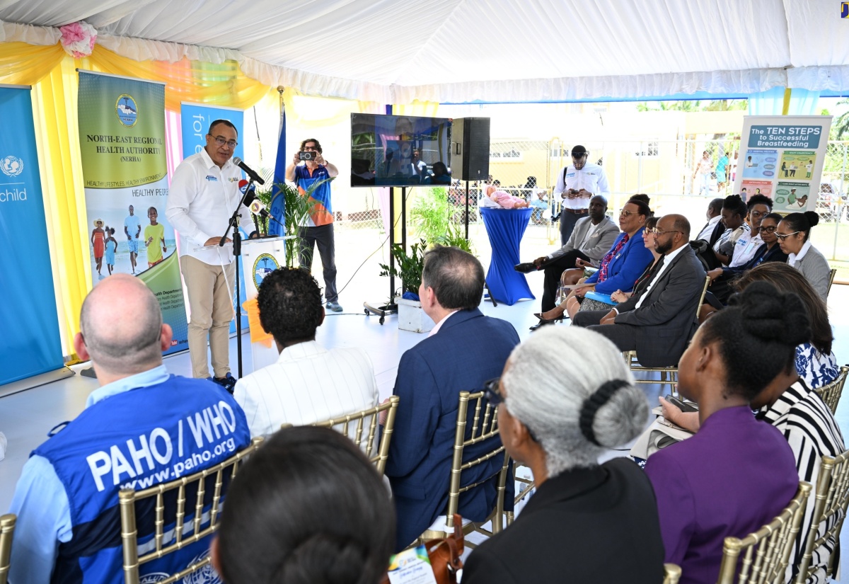 Minister of Health and Wellness, Dr. the Hon. Christopher Tufton, addresses the Baby Friendly Hospital Initiative (BFHI) certification ceremony for the St. Ann’s Bay Hospital in St. Ann, on Wednesday, May 8.