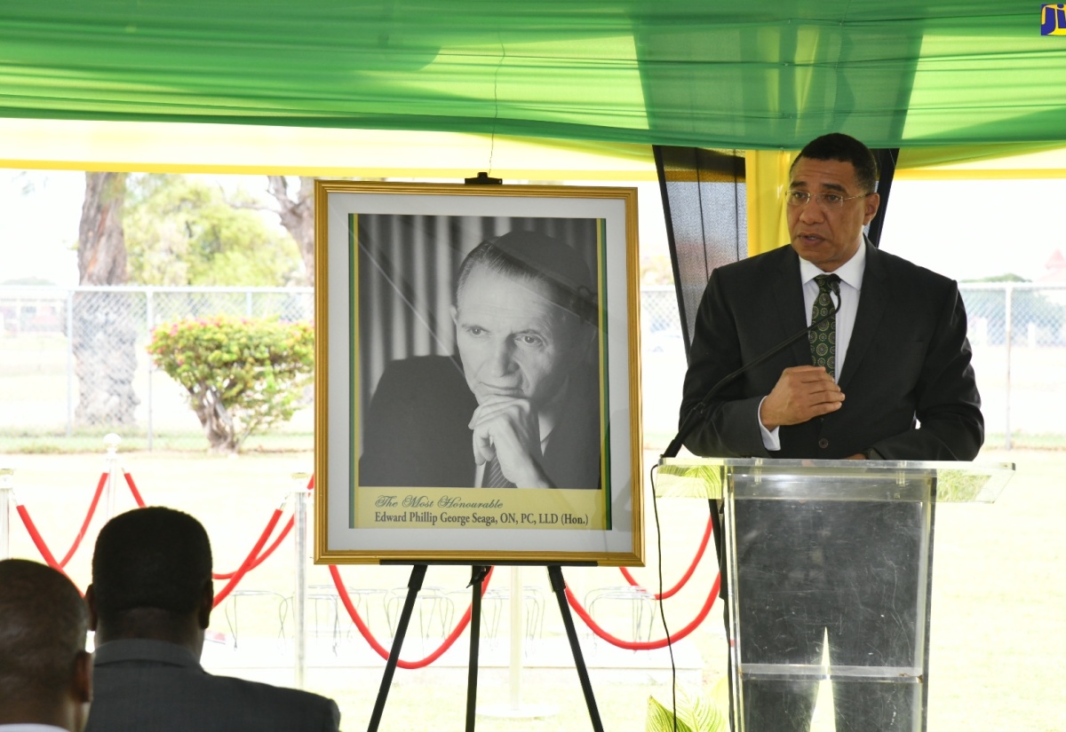 Prime Minister, the Most Hon. Andrew Holness, delivers the keynote address during a floral tribute in honour of late former Prime Minister, the Most Hon. Edward Seaga, at National Heroes Park in Kingston on Tuesday (May 28). The event marked Mr. Seaga’s 94th birthday and the fifth anniversary of his passing. 