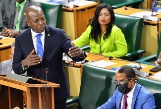 Minister of Labour and Social Security, Hon. Pearnel Charles Jr., makes his contribution in the 2024/25 Sectoral Debate in the House of Representatives, on Wednesday (May 29). Seated behind the Minister is his sister and Member of Parliament for St. Thomas Eastern, Dr. Michelle Charles, and seated at right is Minister of State in the Ministry, Dr. the Hon. Norman Dunn.

