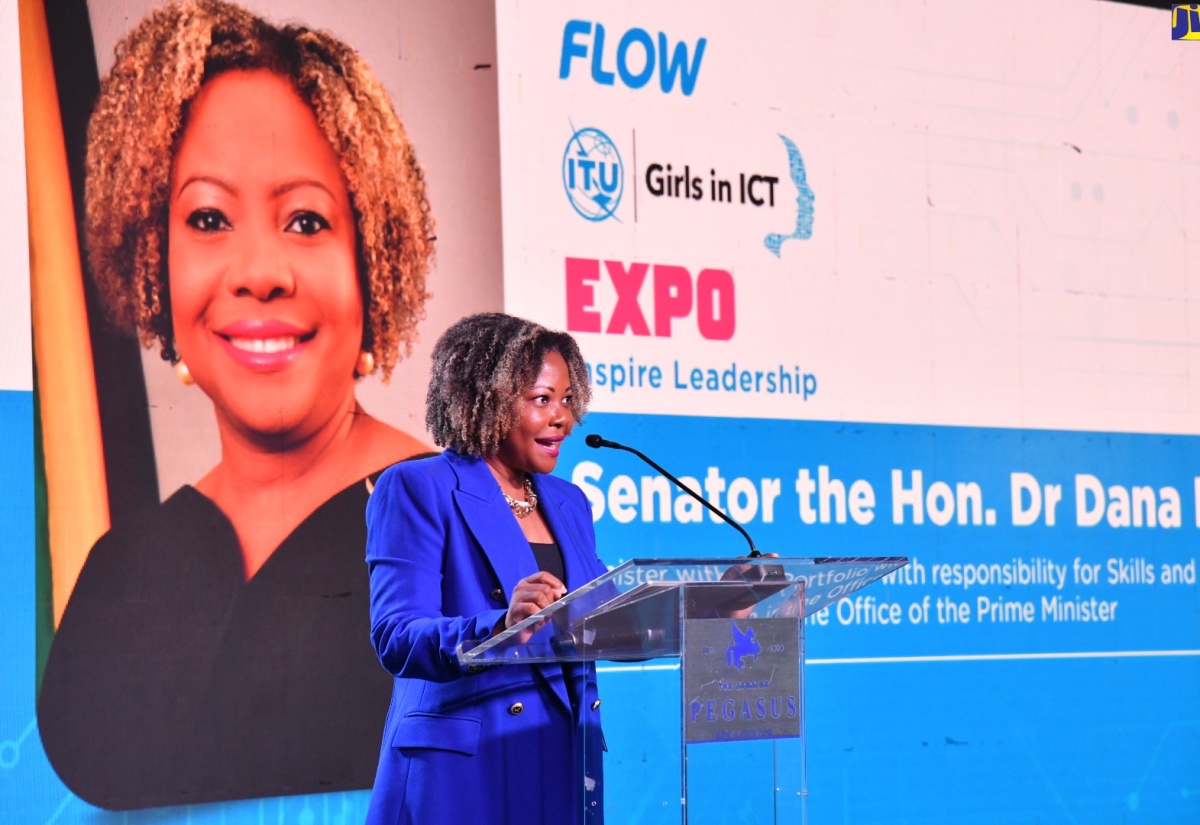 Minister without Portfolio in the Office of the Prime Minister with Responsibility for Skills and Digital Transformation, Senator Dr. the Hon. Dana Morris Dixon, addresses the opening ceremony of the FLOW Girls in ICT Day Expo at The Jamaica Pegasus hotel in New Kingston on Thursday (April 25). The Expo was attended by approximately 300 high-school girls from across the country with an interest in ICT.

