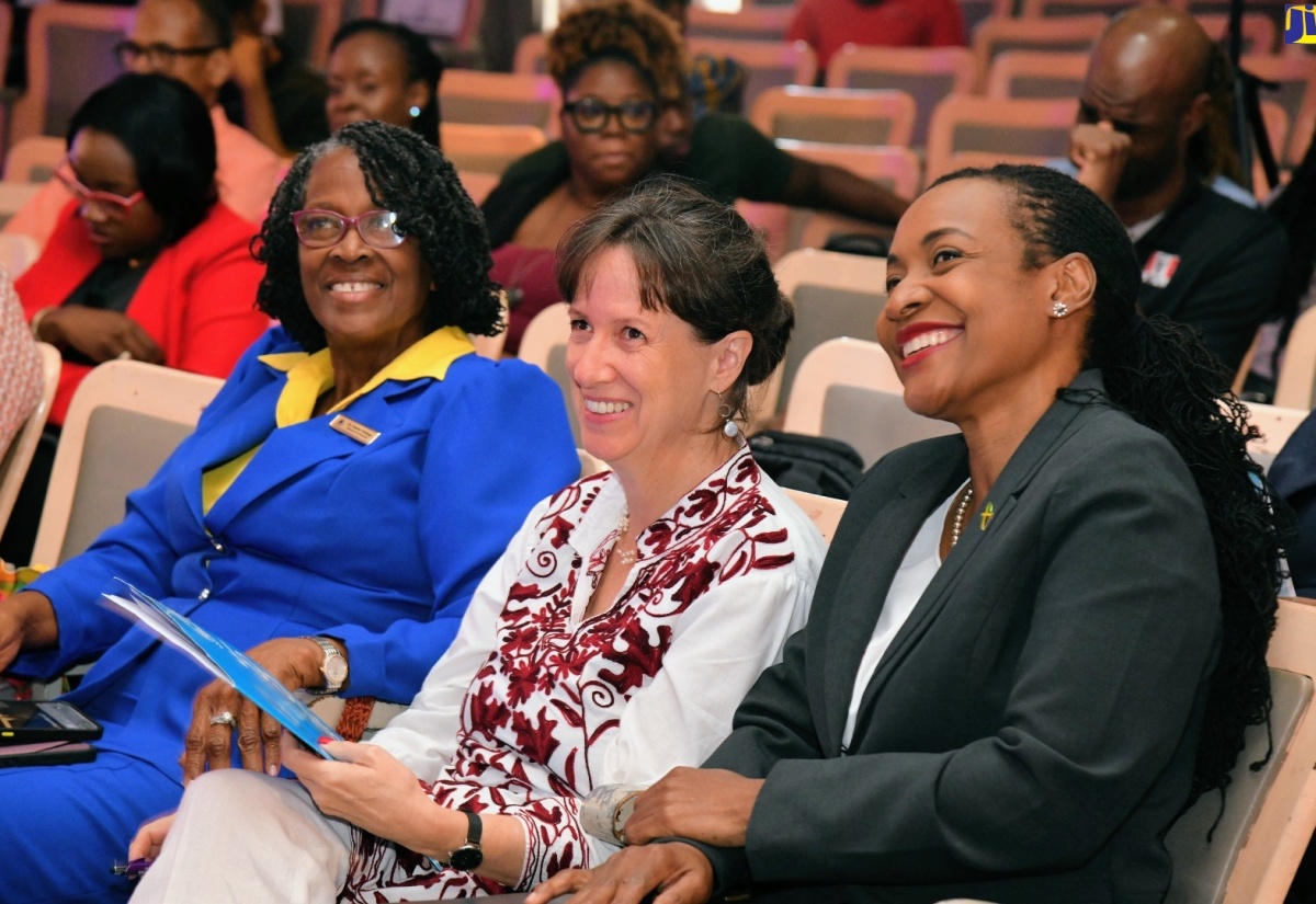 Chair of the National Child Month Committee (NCMC), Dr. Pauline Mullings (left); United Nations Children’s Fund (UNICEF) Country Representative, Olga Isaza (centre), and Minister of State in the Ministry of Education and Youth, Hon Marsha Smith, at the NCMC Child Month 2024 media launch, held on April 25 at the Institute of Jamaica (IOJ), in downtown Kingston and online.

