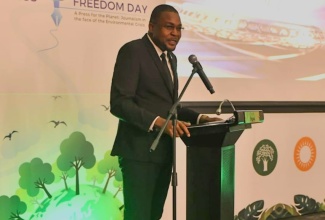 Minister without Portfolio in the Office of the Prime Minister with responsibility for Information, Hon. Robert Morgan, addressing the World Press Freedom Day gala in Georgetown, Guyana, on May 3.