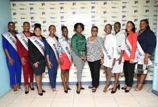Acting Manager, Jamaica Information Service (JIS) Montego Bay Regional Office, Nickieta Sterling (centre) and Special Projects Manager, Sharon Earle (fifth right),  are flanked by the 2024 contestants in the Miss Hanover Festival Queen Pageant, during a courtesy call on at the JIS office in St. James on May 15. The competition, organised by the Hanover office of the Jamaica Cultural Development Commission (JCDC), will be held  on June 1 at the Rusea’s High School in Lucea.