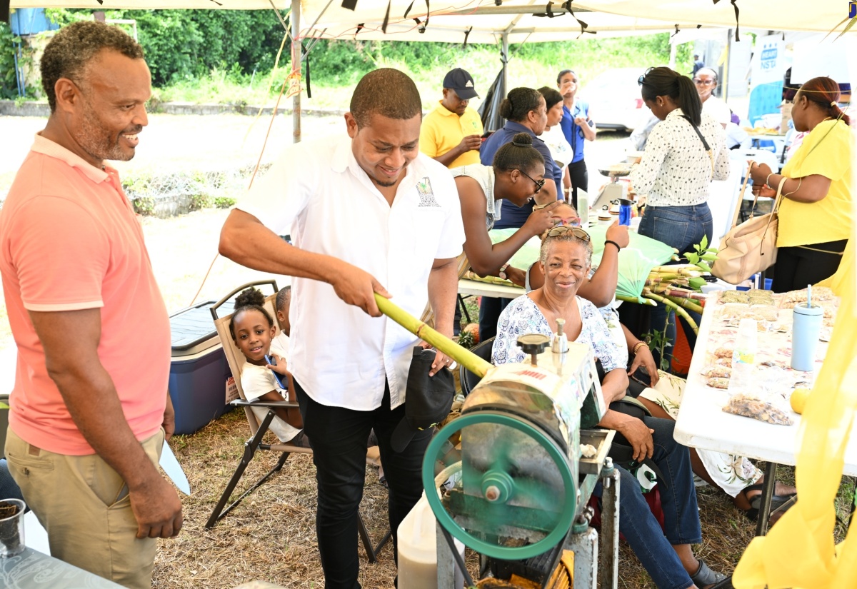 Minister of Agriculture, Fisheries and Mining, Hon. Floyd Green (right), tries out a cane juicer during the Hanover Agricultural Show held at Lord’s Playfield in Lucea on Friday, (May 24). Looking on is Quantity Surveyor and farmer, Paul Trench. 