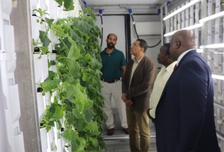 Prime Minister, the Most Hon. Andrew Holness (second left), observes aspects of Delaware State University’s Vertical Hydroponic Farm concept, being explained by the institution’s Agricultural Technician, Thomas Harman III (left). Prime Minister Holness visited the United States-based university on May 9.  Looking on are Member of Parliament for St. Mary Western, Robert Montague (second right), and the University’s Vice President, Antonio Boyle.

