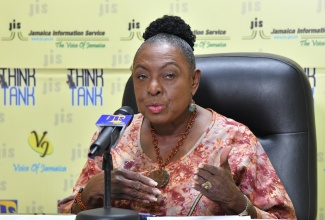 Minister of Culture, Gender, Entertainment and Sport, Hon. Olivia Grange, speaks during a recent Jamaica Information Service (JIS) ‘Think Tank’ at the Agency’s head office in Kingston.

